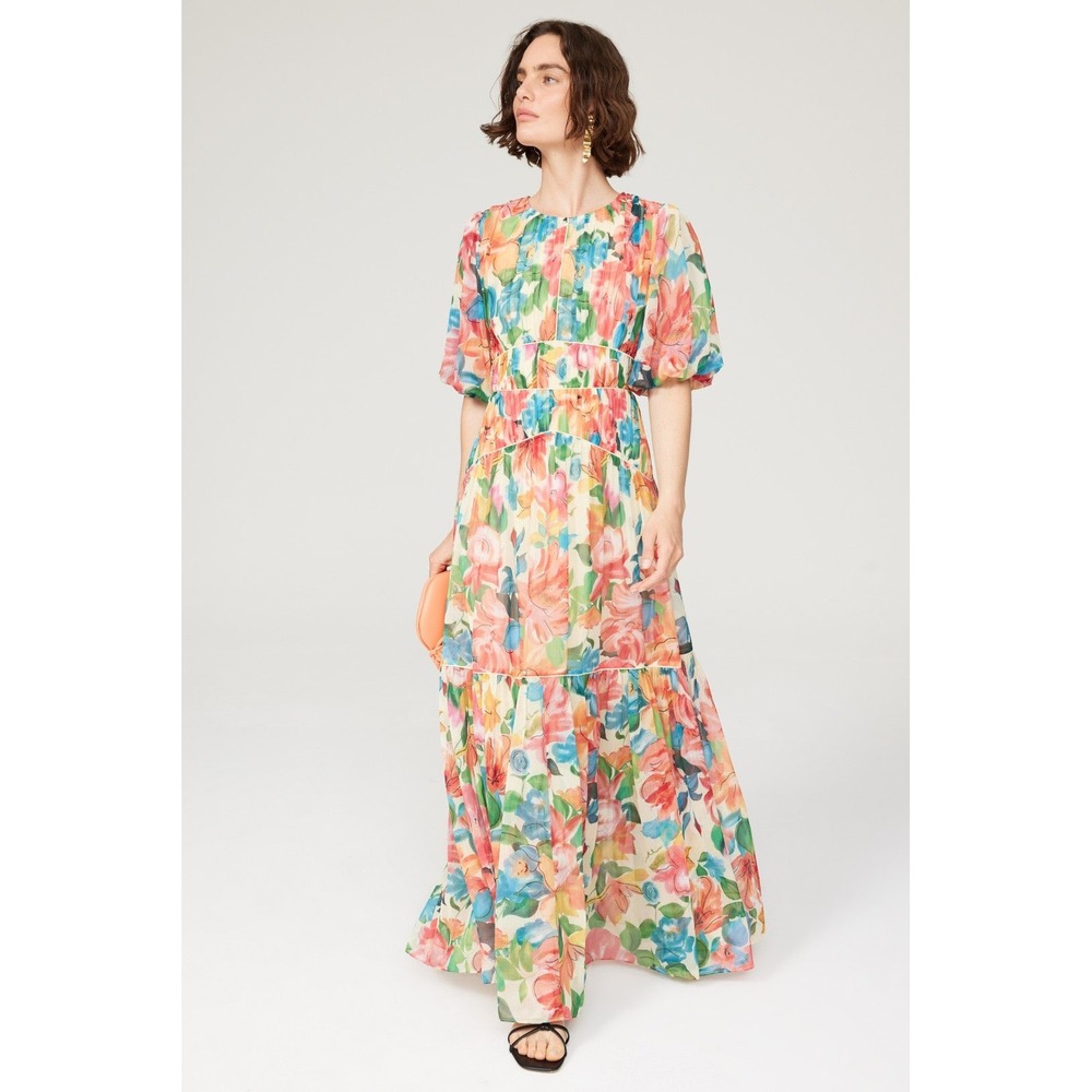 One33 Social Floral Pleated Chiffon Maxi Dress Size 0 Multicolor Lace Up Back